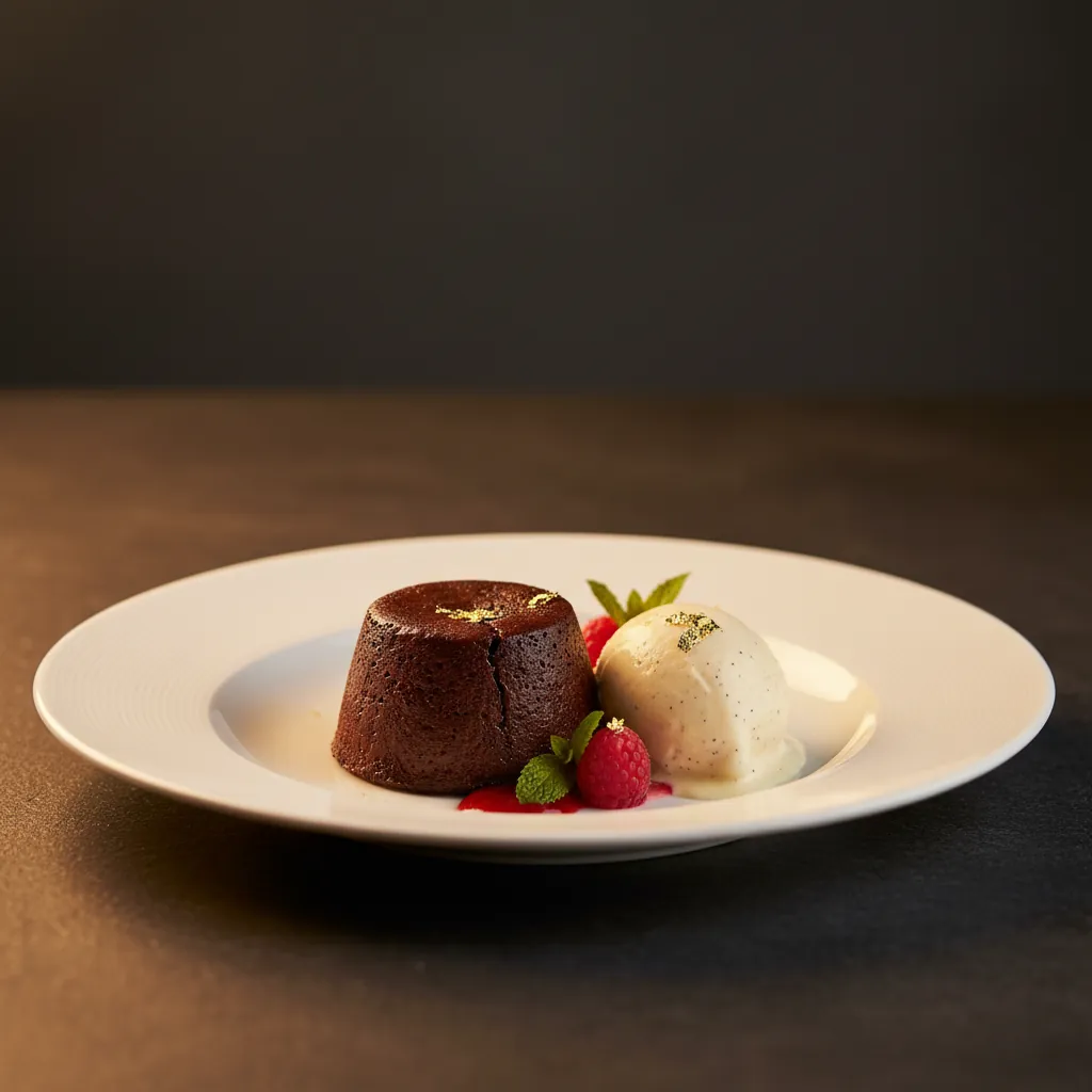 Chocolade fondant met vanilleijs en goudblad
